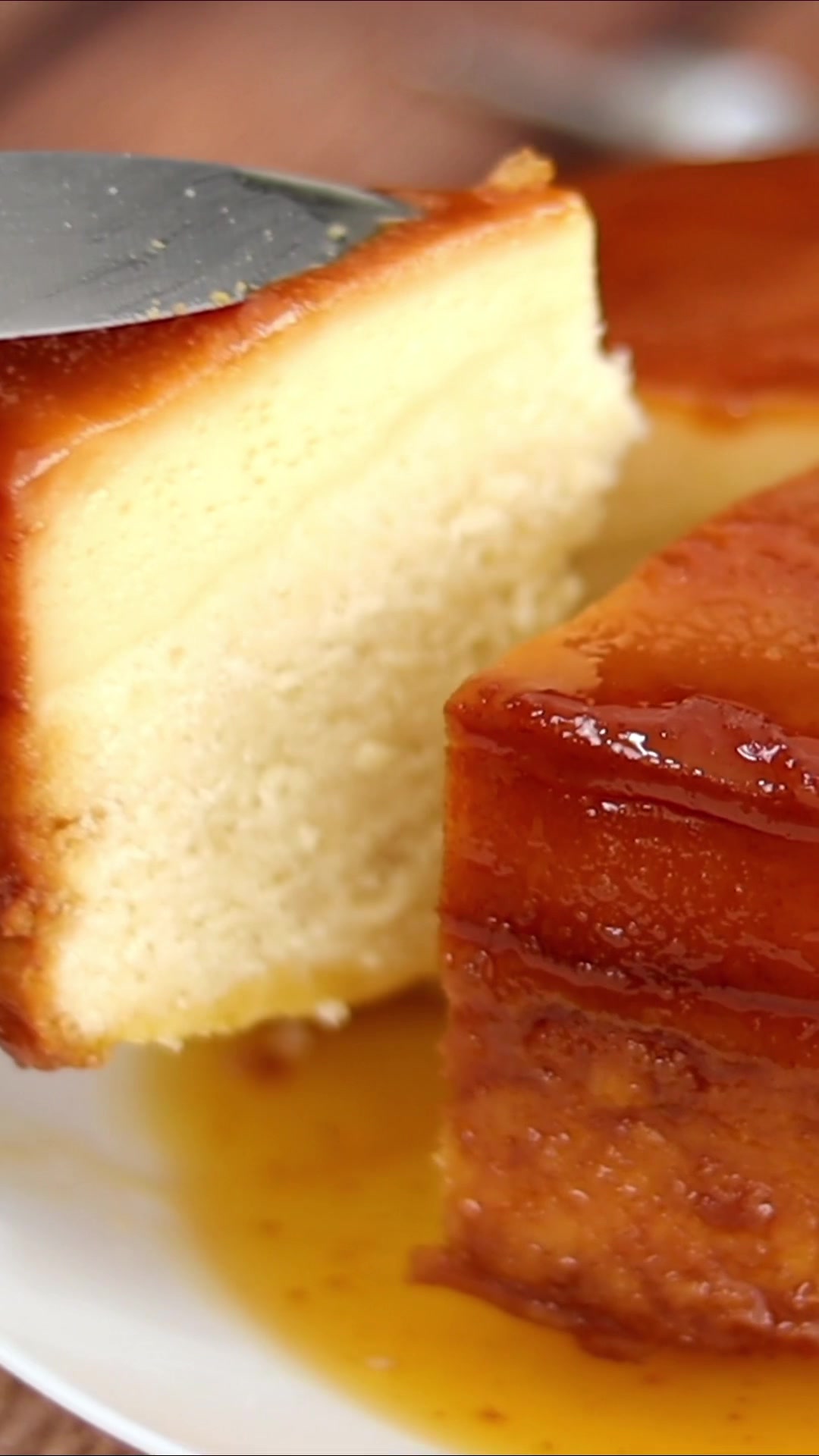Cuban flan sliced with caramel
