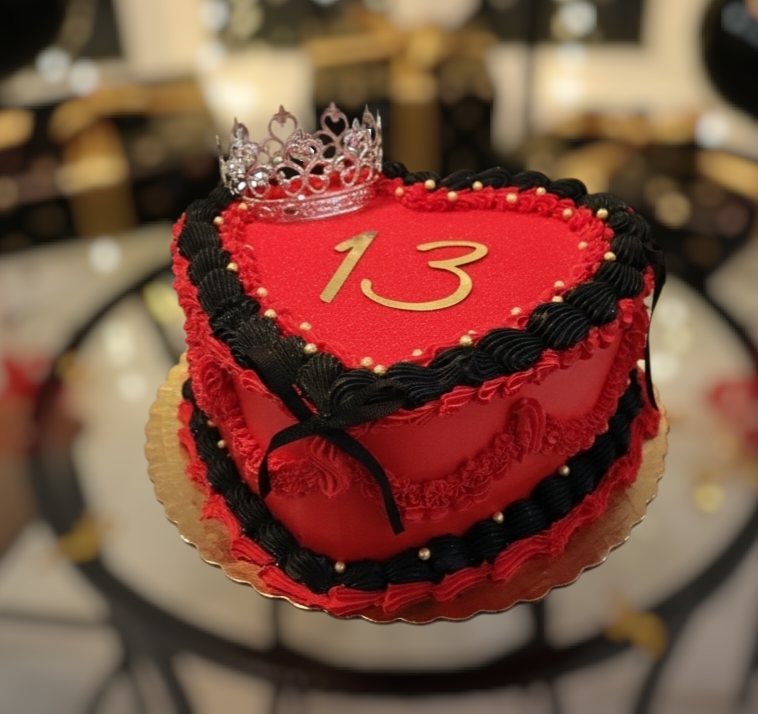 Red heart 13th birthday cake