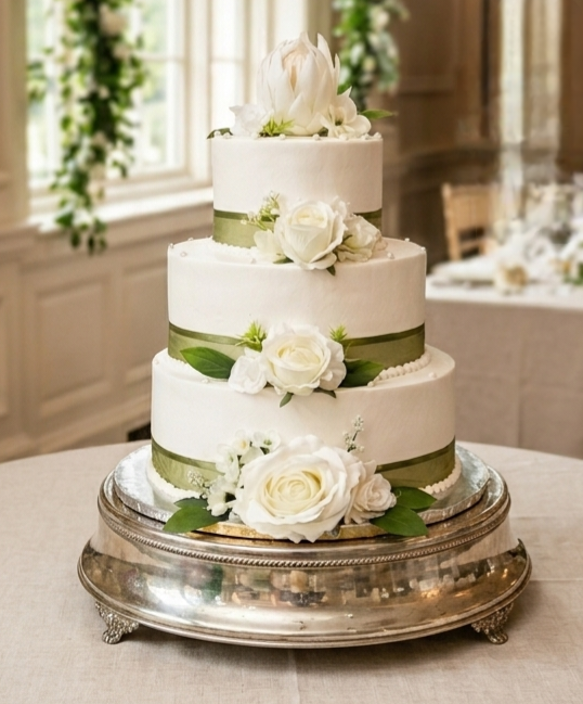 White wedding cake with green ribbon