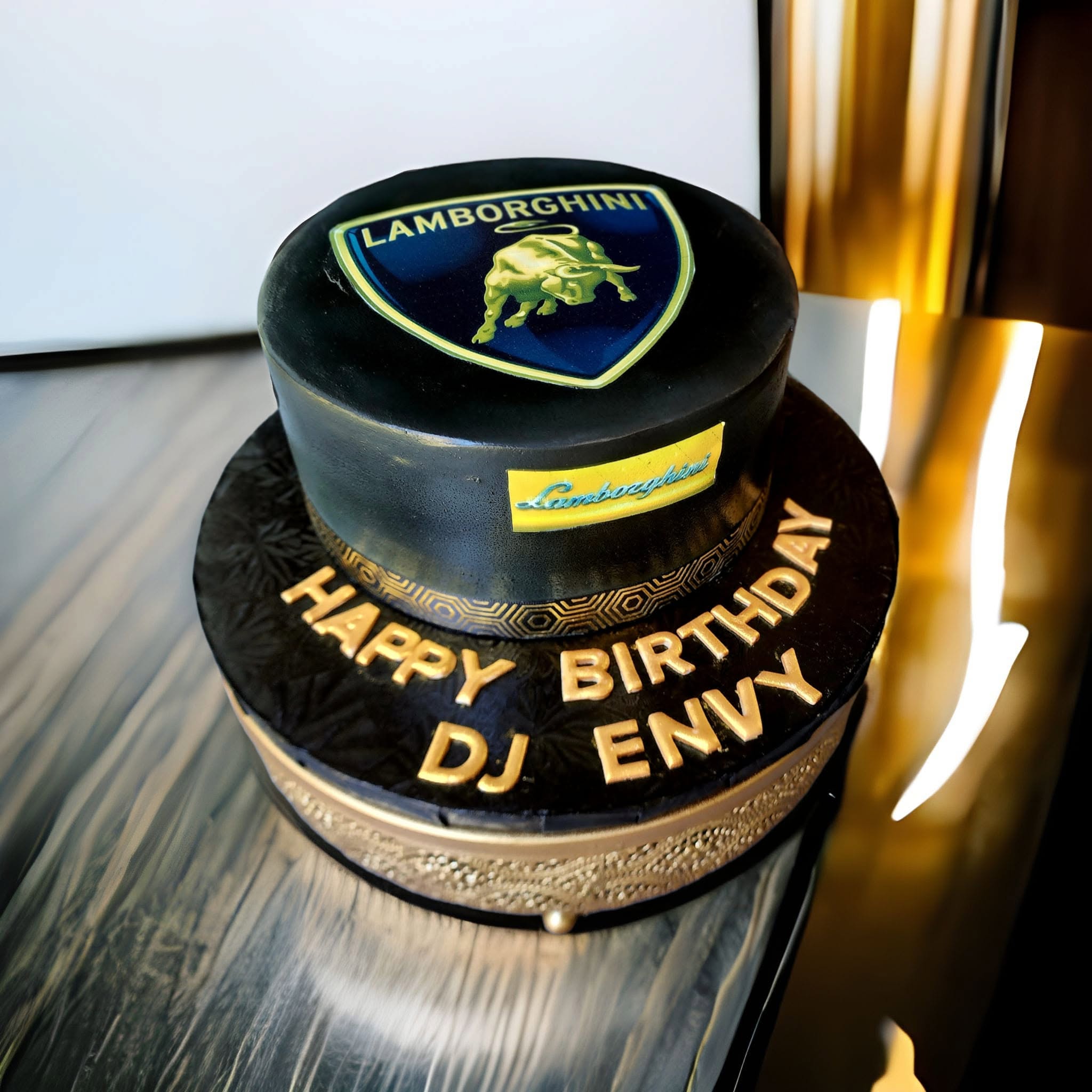 DJ Envy Lamborghini black theme 2-tier cake